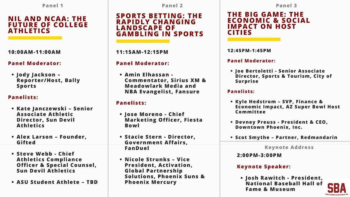 SBAatASU's tweet photo. Happy Friday Sun Devils! 

Here is the speaker list for our Symposium on November 19th!

Don’t forget to RSVP through SunDevilSync. Not a member of SBA? Use this link to register: https://t.co/c6KyAf2XfR

See you all then! https://t.co/ZcELOfTvtn