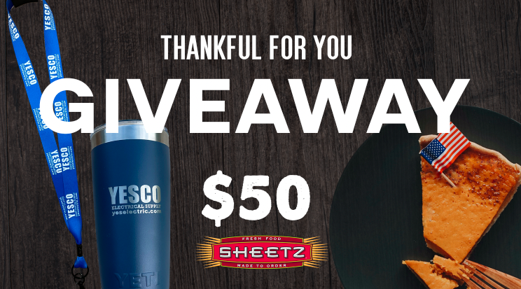 Here's how to enter:
✅Like or follow one of our social medias
✅Comment below telling us one thing you're thankful for

Prize includes:
$50 Digital Sheetz Giftcard
YETI Rambler 10oz Tumbler
YESCO Lanyard