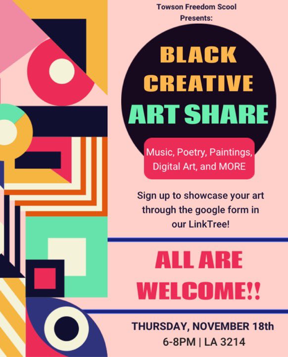 TUFreedomSchool's tweet photo. ATTENTION FREEDOM FIGHTERS Join THURSDAY, the 18TH FROM 6-8PM for our Black Creative Art Share! Participating creatives will be able to showcase their art during our next meeting. If you would like to showcase your art, please fill out the our Google Form:
https://t.co/G5BE7A7k2v https://t.co/fwfLrmh75h