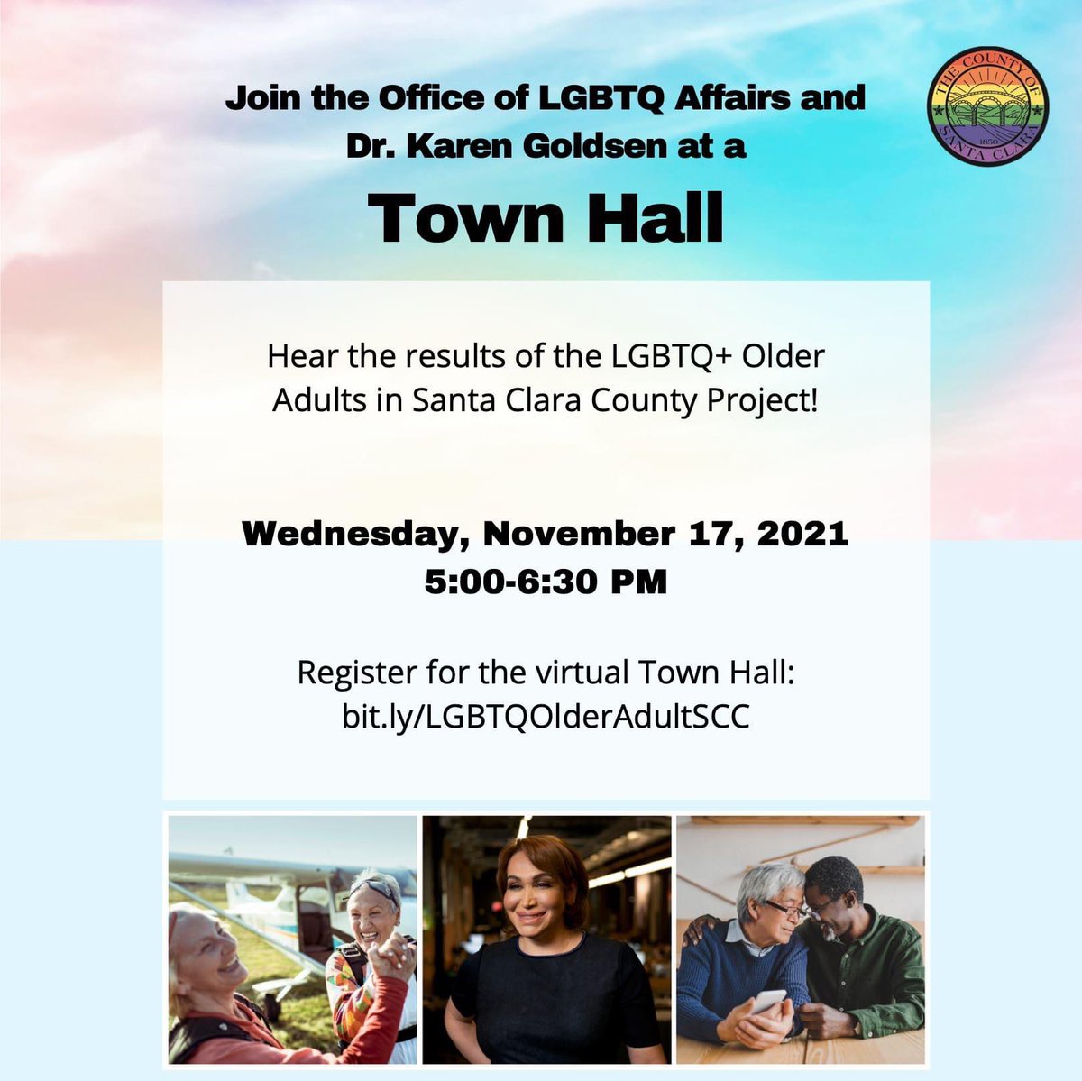 Join the Office of LGBTQ Affairs Town Hall on November 17th from 5 to 6:30pm to learn how new data will be used to improve programs, policies, and resources supporting LGBTQ+ older adults in our county. Register now with this link: sccgov-org.zoom.us/webinar/regist…  #lgbtq #agefriendly