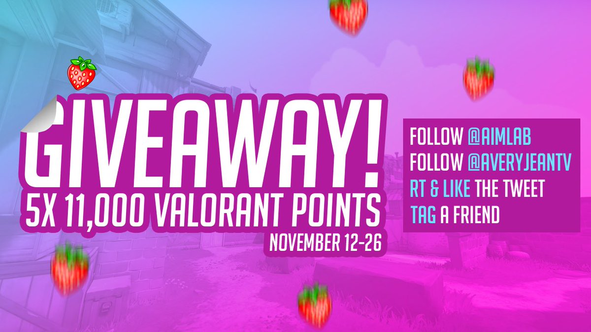 AveryJeanTV's tweet image. I’m giving away 11,000 VALORANT points to 5 lucky winners!

To Enter:
1️⃣ Follow @AveryJeanTV &amp;amp; @aimlab
2️⃣ Like &amp;amp; RT this tweet
3️⃣ Tag a friend in the replies

🏅 FIVE WINNERS!
⏰ Giveaway ends November 26th!
