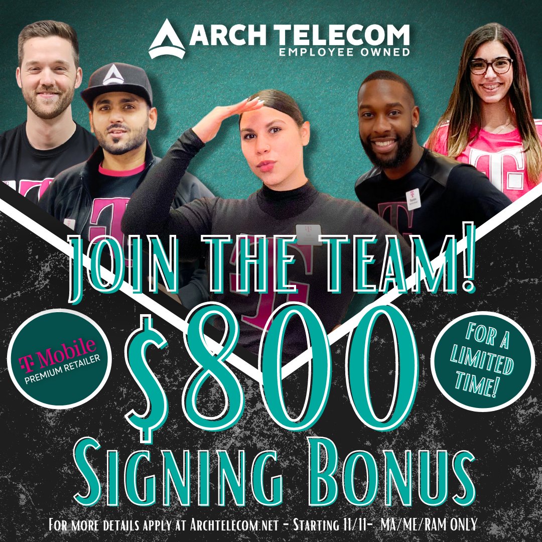 Arch_Telecom's tweet photo. Working for Arch Telecom, just got even sweeter! 🎉

For a limited time, Arch Telecom is offering an $800 Signing Bonus for any Mobile Associates, Experts, or Assistant Managers who join the team! 🤑

Open jobs available at https://t.co/t5fScZxtAV https://t.co/DsxScy71AS