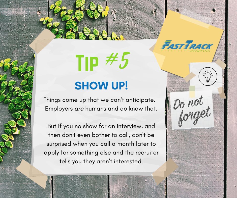 FastTrackStaff's tweet photo. 📌Tip #5:  If you can't make it to an interview, call, text, send a carrier pigeon if you have to, but let someone know as soon as possible.  It's better to call 3 hours after the fact, than not at all. 

#tips #employmenttips #interviewtips #employeetips #jobsearch #staffing https://t.co/SLTsrZni4F