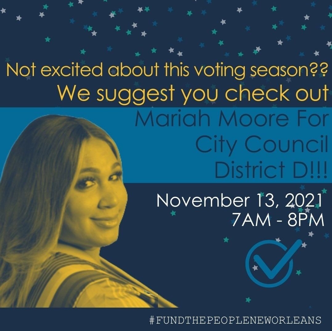FTP knows sometimes it can be hard to get hyped about political
candidates. We are excited about <a href="/Moore4DistrictD/">Mariah Moore</a> and her dreams for New Orleans. Go vote y'all!!

Know your ballot:
powercoalition.org/wp-content/upl… #fundthepeopleneworleans