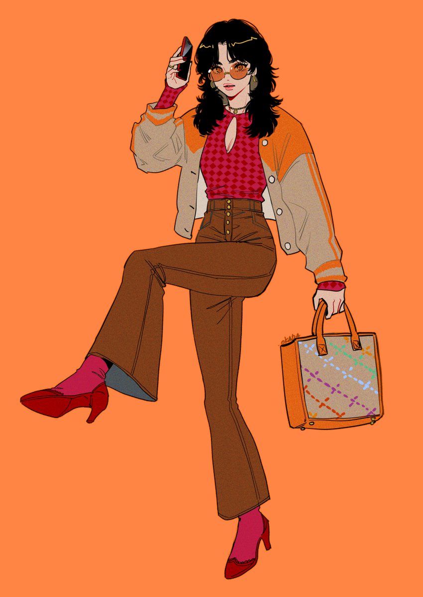 1girl solo high heels tinted eyewear orange background black hair holding  illustration images