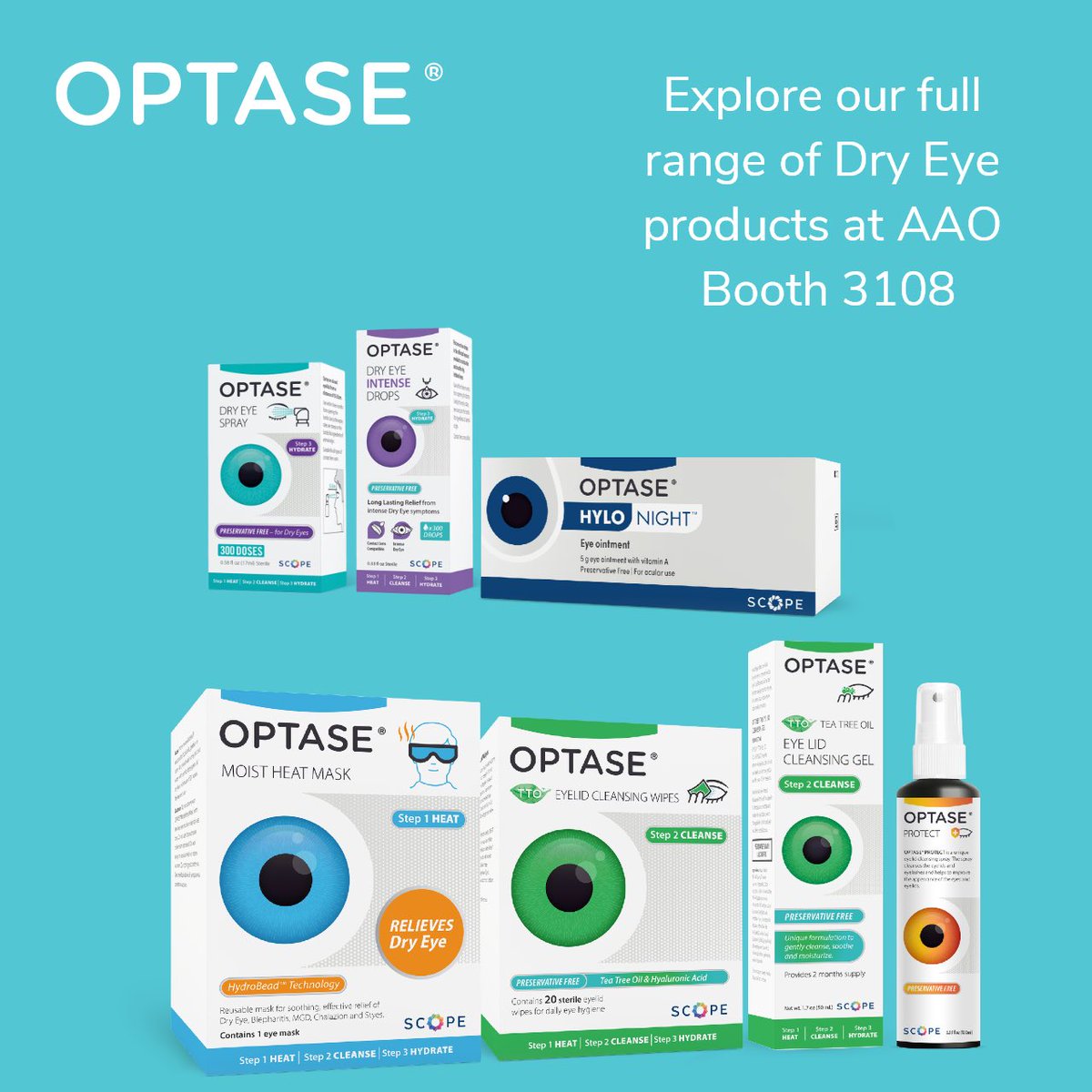 OPTASEeyes's tweet photo. Attending AAO New Orleans this weekend? Be sure to call by Booth 3108 to meet our Optase team for an up-close and in-depth look at our newest Dry Eye products in the Optase range. #aao2021 #ophthalmology https://t.co/YVHMLdDpKa