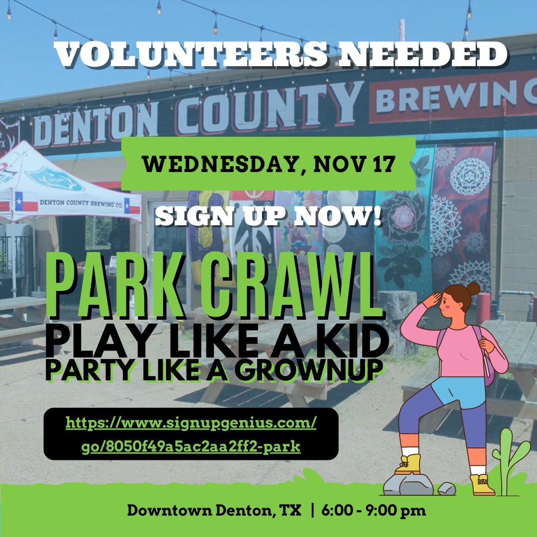 denton_parks's tweet photo. Do you love a good hike and enjoy leading the pack? Join us as a volunteer at the #ParkCrawl! We are looking for folks to help lead groups through 5 different bar stops along a fun trail of brews, games, and food. Sign up today!

https://t.co/LIHZXZHWnD https://t.co/QibEQkpCs9