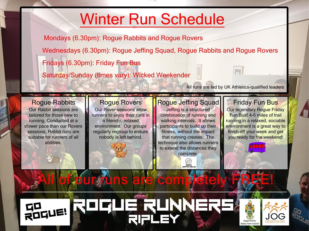 We've updated our schedule of runs in #Ripley #Derbyshire for the winter months.  If you're interested in joining us for one (or more) of our runs, please get in touch! <a href="/JogDerbyshire/">Jog Derbyshire</a> <a href="/IllsleyJames/">James Illsley</a> <a href="/MartineClaire75/">Martine</a>