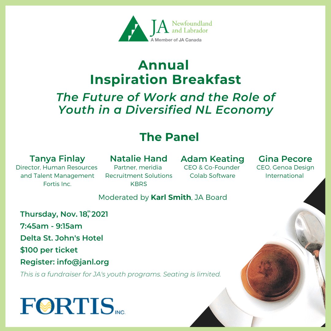 Just a few days left to register for JA's annual breakfast. Join the conversation on The Future of Work and the Role of Youth in a Diversified NL Economy. For tickets contact info@janl.org.