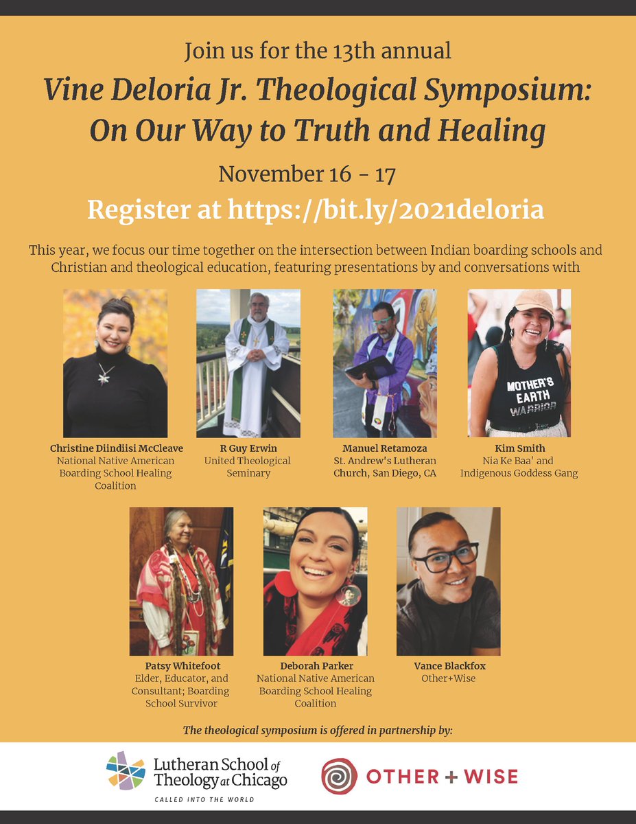 You're invited to the 13th annual Vine Deloria Jr. Theological Symposium on Nov. 16 and 17! This event will focus on the intersection between Indian boarding schools and Christian education. Learn more and register at lstc.edu/news-events/ev….
<a href="/NABSHC/">NABS Healing Coalition</a> <a href="/LSTChicago/">Lutheran School of Theology at Chicago</a>
