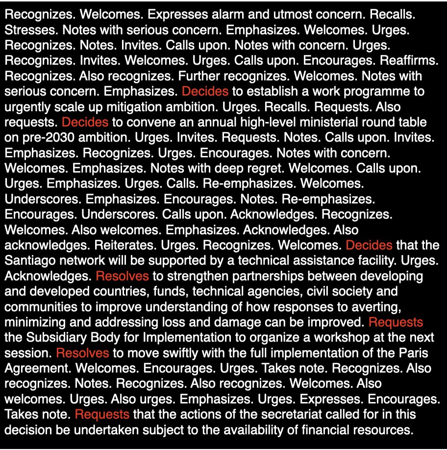 amandaerwhite's tweet photo. The "actions" at the beginning of each clause in the draft COP26 Agreement… Only 6 in a document of 94 clauses feel hopeful (in red), but mostly refer to more talk. And nowhere does it order, demand, command, decree, mandate, require, enforce, or even instruct. https://t.co/wJC6pjYlaz