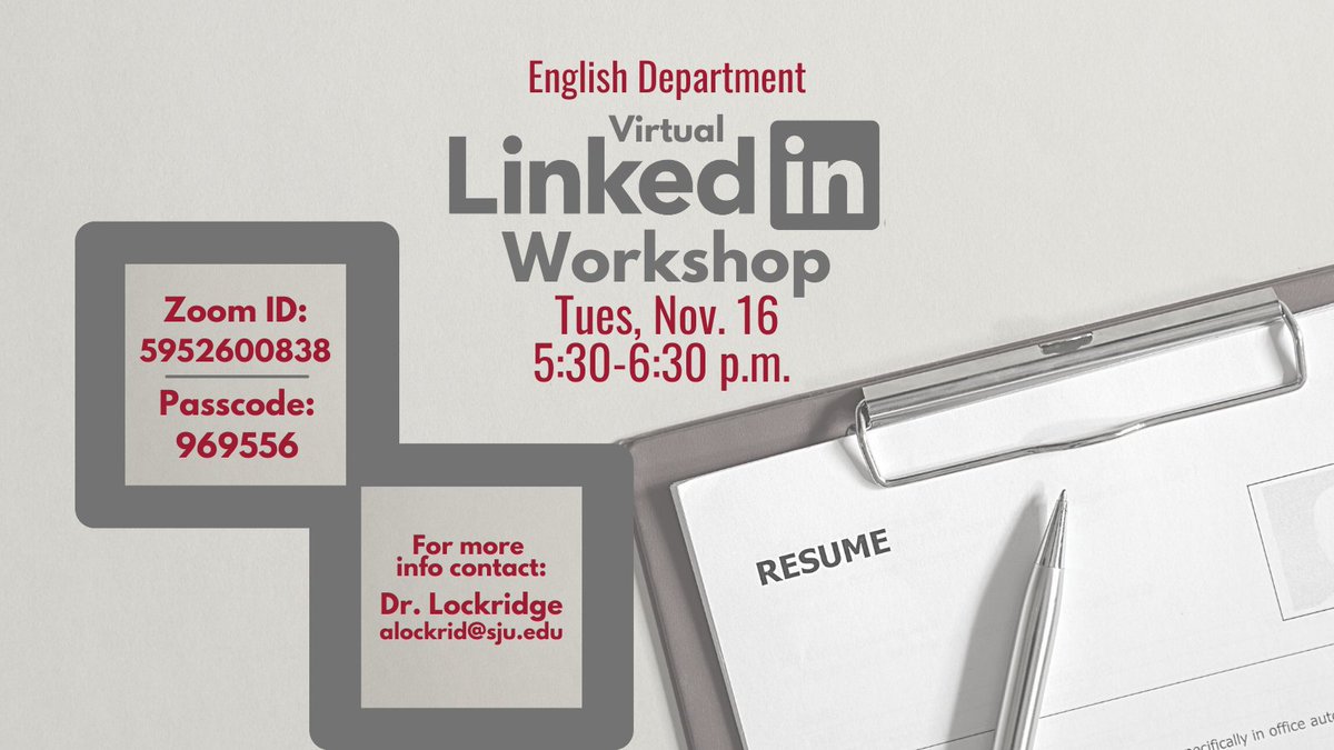 SJUEnglish's tweet photo. Not sure how to create a LinkedIn profile? Or already have an account and not sure how to make it work for you?

Come find out at our virtual LinkedIn workshop, co-hosted by SJU's Career Development Center 📋 https://t.co/Q2mQYaC9BY