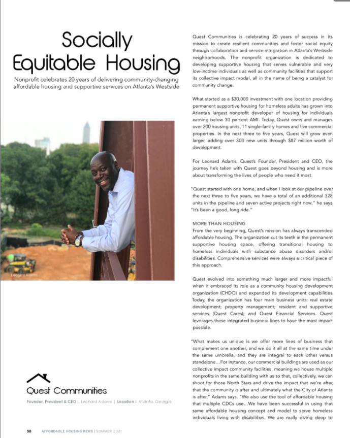 The latest <a href="/AH_News/">AHN</a> issue features one of our partners, Quest Communities, celebrating 20 yrs of delivering affordable housing &amp; supportive services to ATL’s Westside. bit.ly/3qwGsXX