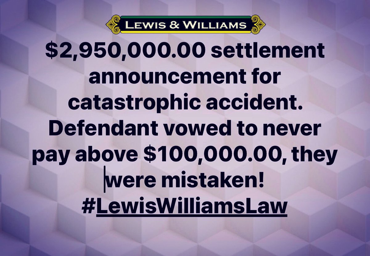 JLWLaw's tweet photo. Hard work, patience and faith make all things possible! The team at Lewis &amp; Williams litigated this matter and received a result that was over 29 times greater than the amount initially offered. #InjuryLawyer #WrongfulDeathLawyer #RealLawyersRealResults #LewisWilliamsLaw https://t.co/FTRaPzTpUY