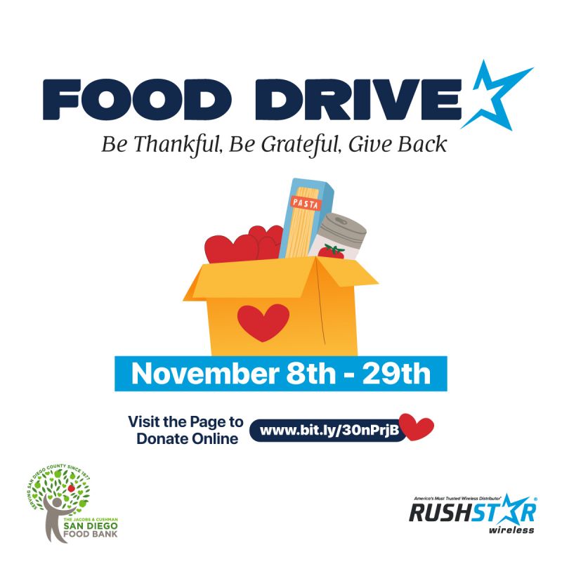 Rush_Star's tweet photo. Rush Star Wireless Has Teamed Up With The San Diego Food Bank This #Holiday 
Season For A #FoodDrive. Let's Be #Thankful, #Greatful &amp; #GiveBack.

Donate Online: https://t.co/S0z8sGqpoB https://t.co/27TDDpyPEJ