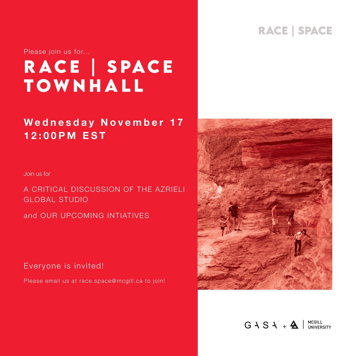 RaceSpaceArch's tweet photo. **Message for McGill Architecture students and recent graduates**

Join us for Wednesday, November 17 at 12 pm on zoom for the Race | Space Town Hall.

Send us an e-mail at race.space@mcgill.ca or message us here to join! We hope to see you there. https://t.co/vFVrEuVIog