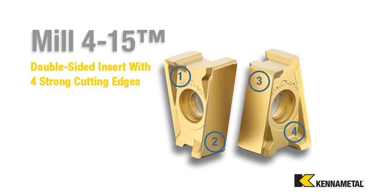 Kennametal's tweet photo. Keeping cycle time to a minimum is key to increasing productivity. Mill 4-15™ provides excellent step-down capabilities to avoid unnecessary tool passes. The double-sided insert with 4 strong cutting edges helps lower costs further. https://t.co/CNEDcP85tv
#indexablemilling https://t.co/VK8P7bQeAO