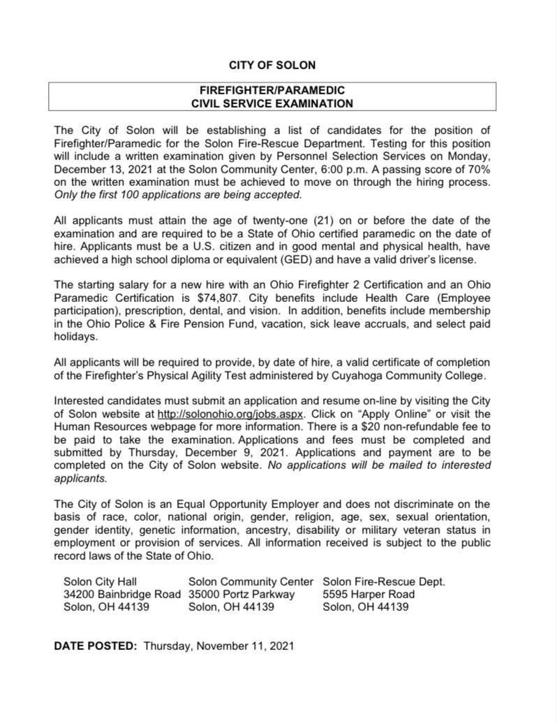 Solon is giving a civil service test for firefighter/paramedic. First 100 applications.
