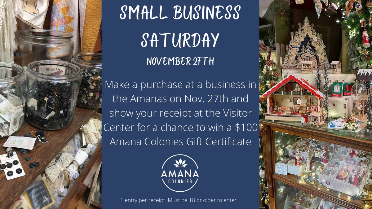 Small Business Saturday is just around the Corner.  Spend it in the Amana Colonies and you could win BIG for shopping small. #whileintheamanas #smallbusinesssaturday #shopsmall #shoplocal #shopiowa