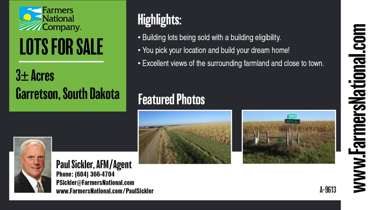Lots For Sale!
Three acre lots for your next #acreage home, you choose the location! Additional acres available &amp; you choose the direction your home faces &amp; style of house. Located in the Garretson School District!
To learn more, click the link:
🔗farmers-national-company.com/A-9163
#forsale