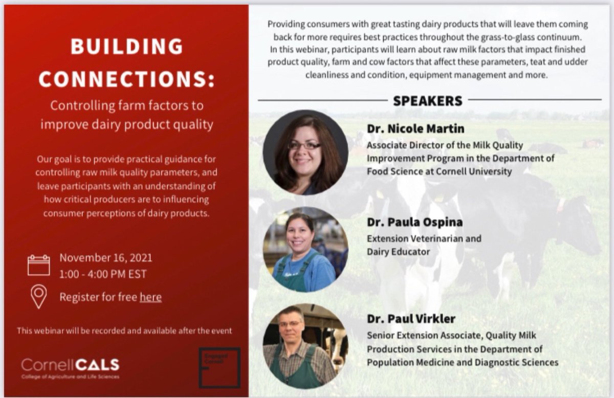 CUMQIP's tweet photo. There’s still time to register for our FREE webinar, “Building Connections: Controlling Farm factors to improve dairy product quality” happening on Tuesday, Nov 16! 
Register here: https://t.co/7iRJJoRhUU https://t.co/2qWYQIssAa