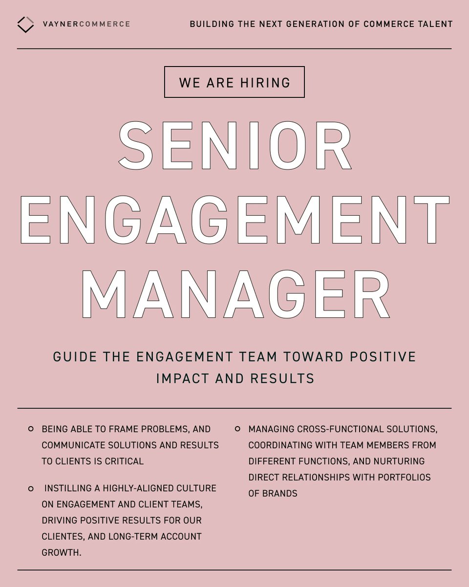 VaynerCommerce's tweet photo. We have some exciting client work slated for 2022 and we're hiring another new Sr. Engagement Manager to join our team! If you love working directly with senior stakeholders to drive consistent client, team, &amp; project success, consider applying today: https://t.co/3GxKTjcfMs https://t.co/9lMfajNe6J