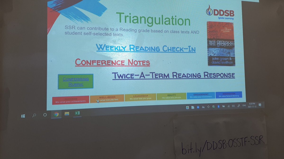 Discussing triangulation of data to determine a reading grade based on self-selected reading. @DDSB_English