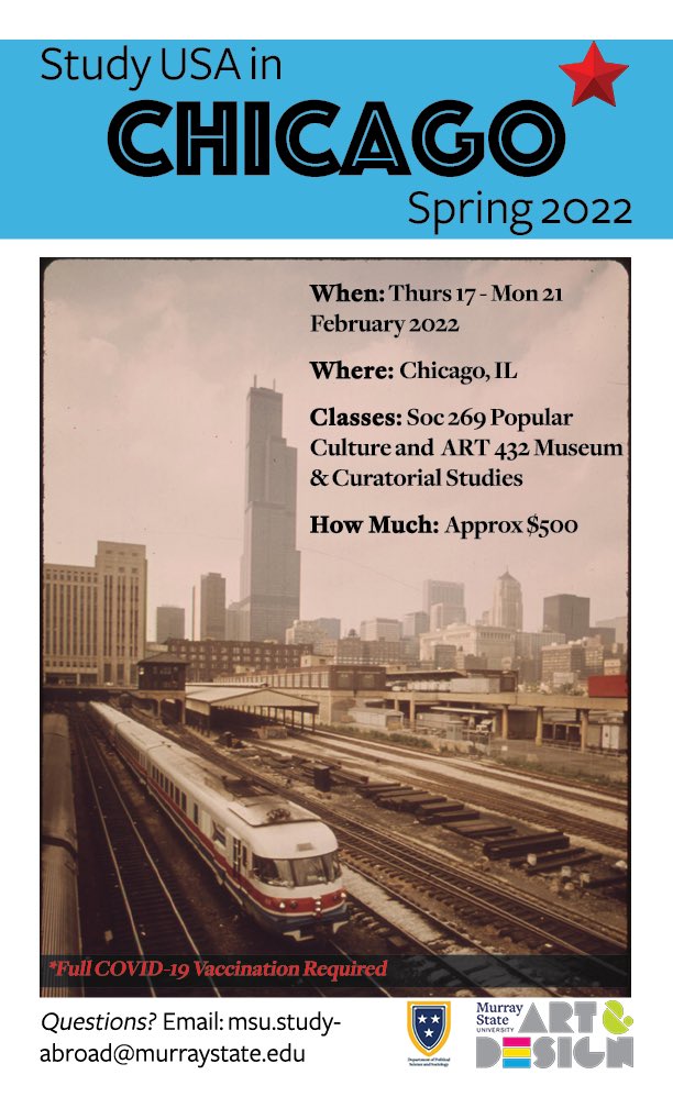 MSU Art & Design KY (@murraystateart) on Twitter photo Interested in a Study USA trip this spring? We got you!
Art History Prof Dr. <a href="/Antje_Gamble/">Dr. Antje Gamble 😷</a> is teaming up with Sociology Prof Dr. <a href="/DrNititham/">Dr Diane Nititham</a> to take students to Chicago this Spring 2022. #StudyUSA #Chicago #MurrayStateArt Interested in a Study USA trip this spring? We got you!
Art History Prof Dr. <a href="/Antje_Gamble/">Dr. Antje Gamble 😷</a> is teaming up with Sociology Prof Dr. <a href="/DrNititham/">Dr Diane Nititham</a> to take students to Chicago this Spring 2022. #StudyUSA #Chicago #MurrayStateArt