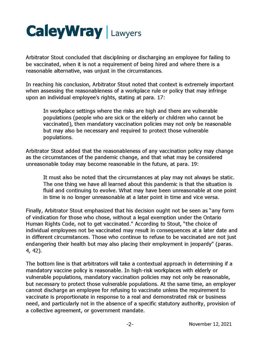 CW Newsflash: Ontario Arbitrator rules mandatory vaccination policy cannot impose discipline in low risk workplace.