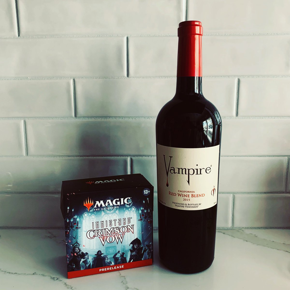 MatAndBoard's tweet photo. Best wine to pair with your prerelease kit when you are on Innistrad. @wizards_magic #mtgcrimson https://t.co/BwDqykYnuO