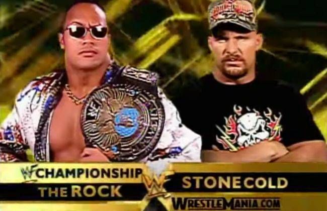 Lessthan2000's tweet photo. In 1999, #TheRock and #StoneColdSteveAustin squared off at #WrestleManiaXV.  Weeks later, #MondayNightRaw would have it's highest TV rating ever, with an incredible 8.1, effectively ending the #MondayNightWar.

#WWF #90sWrestling #AttitudeEra #WrestleMania https://t.co/I687IjFb5A