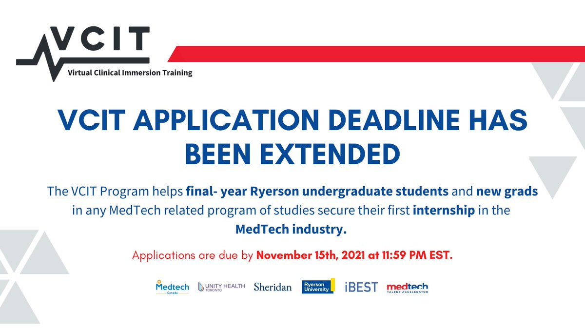 NewIndTalent's tweet photo. You spoke, we listened!
The VCIT Application deadline has been extended to November 15th, 2021 at 11:59 pm EST.
Apply here: https://t.co/7jbyWOfF34
#MedTech #VCIT #Tech #Ryerson https://t.co/rveQu5nWQk
