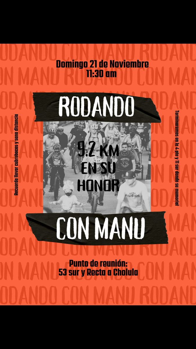 ManuViveAC's tweet photo. ¡Rodando con Manu! #ManuVive 🚴‍♀️ 

Conmemoremos el 3er aniversario luctuoso de Manu, haciendo lo que más amaba, rodar.

¡Participa este 🚲 domingo 21 de noviembre a las 11:30 🕦 am!

El punto de encuentro será en la 53 sur y recta a Cholula. 

#NiUnaBicicletaBlancaMás #LGMSV https://t.co/5hPM2HVG6F