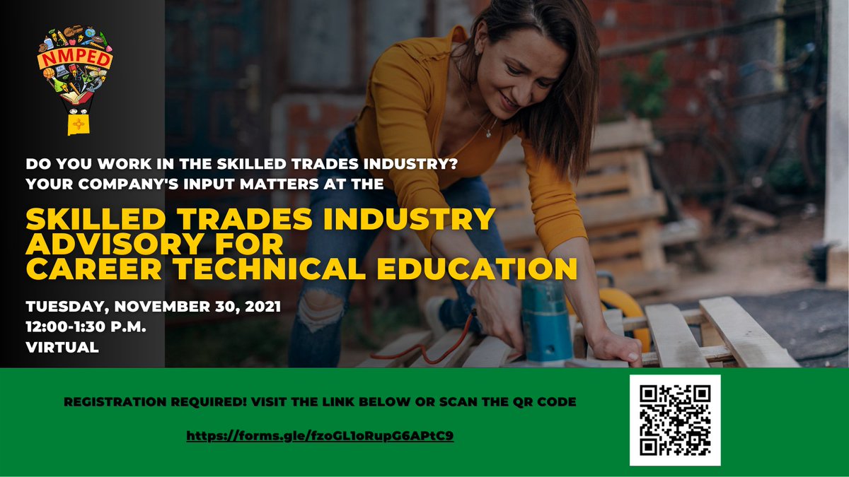 NMPED's tweet photo. Attention hiring managers in construction, manufacturing, engineering, architecture, automotive, and more. You’re invited to the NMPED’s virtual Skilled Trades Industry Advisory for Career Technical Education. Register here: https://t.co/ItXbiJIMFQ https://t.co/kH7HJOCFhn