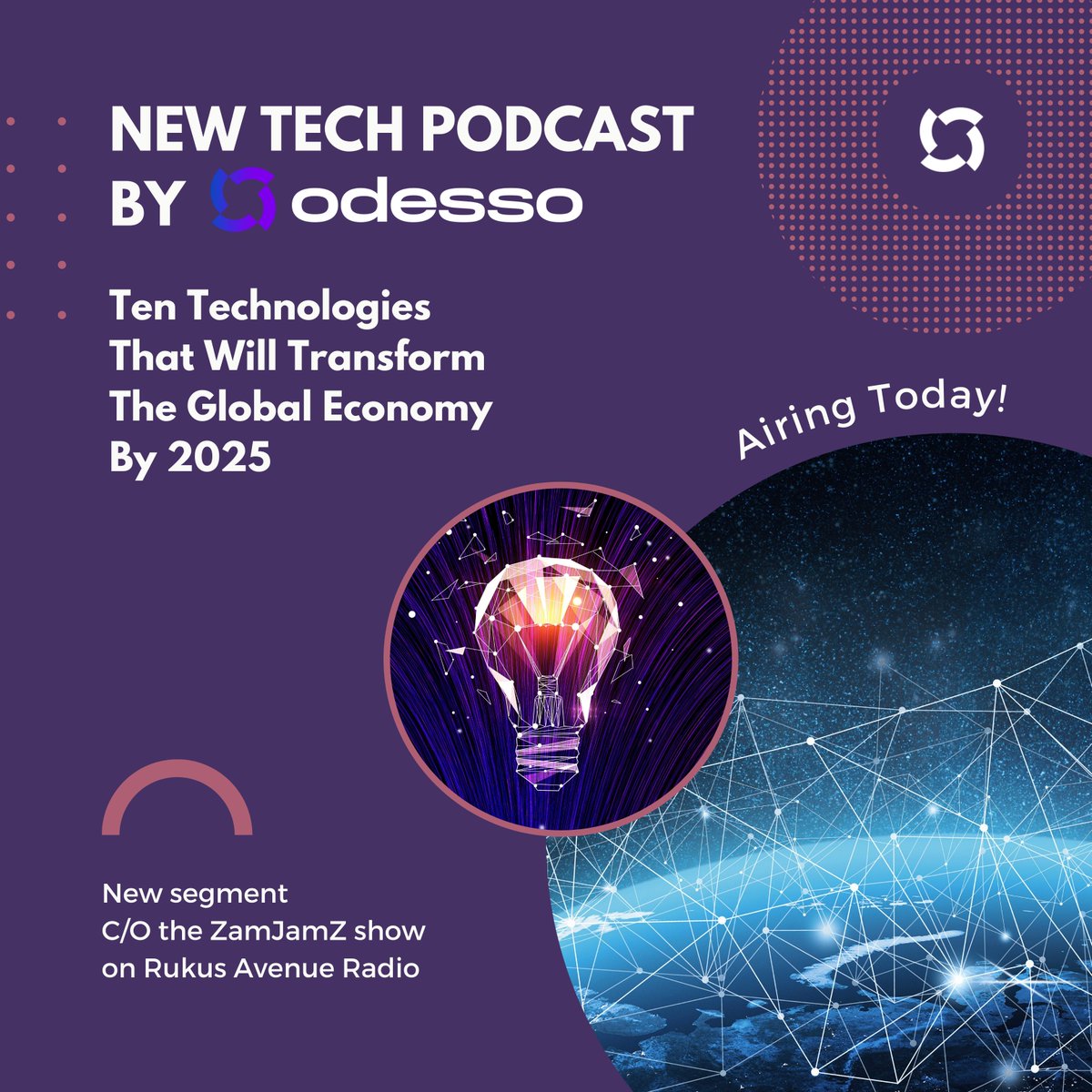 OdessoOfficial's tweet photo. Odesso's first ever podcast is debuting in just a few minutes.

Head over to the @RukusAveRadio site at 1 p.m. PST to tune into our discussion of technology trends that will transform the world in the next few years!

LINK: https://t.co/BGqc84ZBi7 https://t.co/cjwsO406kQ