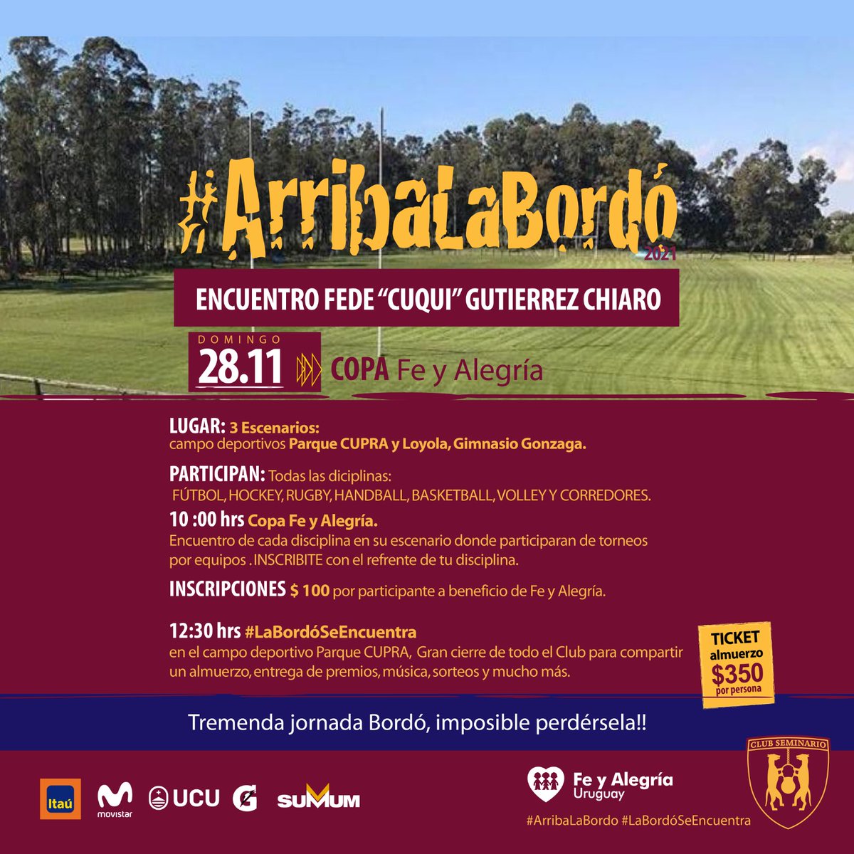 clubseminariouy's tweet photo. Falta nada para que se reúna toda la comunidad bordó en el Encuentro Federico "Cuqui" Gutiérrez Chiaro.

Este 28/11 se viene la gran fiesta del Club. Todas las disciplinas organizarán sus competencias para que los participantes disputen la Copa Fe y Alegría.

#LaBordóSeEncuentra https://t.co/H1bgnL2BuW