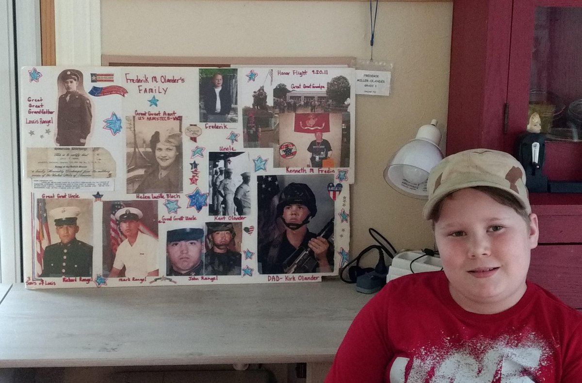 728online's tweet photo. Online students celebrated Veterans Day yesterday from home! Thanks for sharing the story of your family, Frederik! Ms. Aubrey's class rocks! #onlinelearning @ISD728 @bittmand https://t.co/6y7GDBmX3z