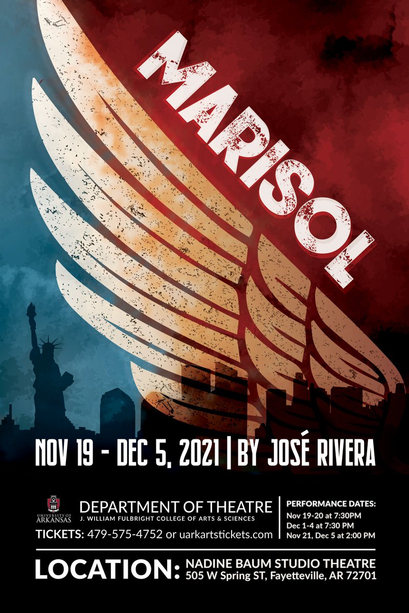 uark_lals's tweet photo. José Rivera's Obie award-winning play Marisol opens Nov. 19 and runs through December 5th in the Nadine Baum Studio in Fayetteville. Tickets are free for students, staff, and faculty! Go to https://t.co/czDKUeW35V to claim yours. https://t.co/mfAHeShq51