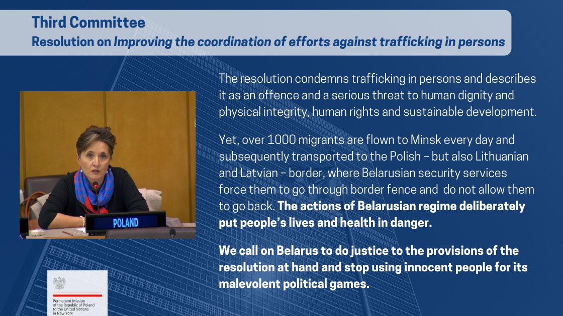 PLinUN's tweet photo. #ThirdCommitte ๐บ๐ณ adopted resolution against trafficking in persons.
#Poland ๐ต๐ฑ condems putting peopleโs lives in danger by state-orchestrated trafficking activities by Belarusian authorities for political purposes & calls on #Belarus to live by the provisions of the resolution. https://t.co/sGRuyl55yr