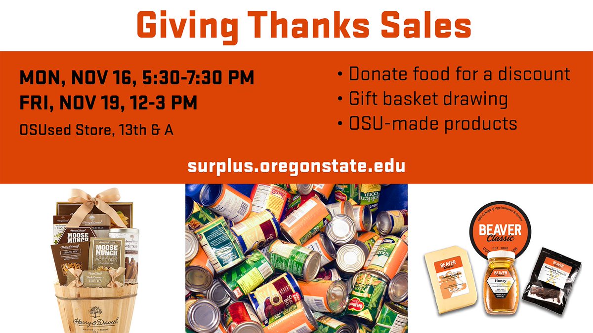 Reuse, food security, local products - oh my! Next week the OSUsed Store is collecting food donations for the @HSRCOSU in exchange for discounts, hosting products from Beaver Classic &amp; offering a raffle. tiny.cc/special-sale