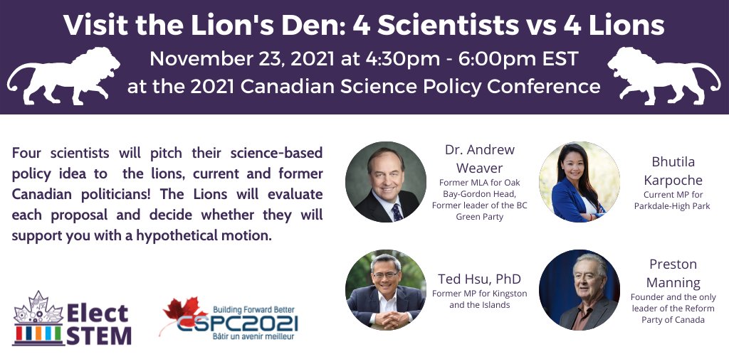 ElectStem's tweet photo. Meet the Lions of the #LionsDen! Join us next week Tuesday (Nov 23) at 4:30 pm at #CSPC2021 (@sciencepolicy). https://t.co/j9bg5ifQ3b