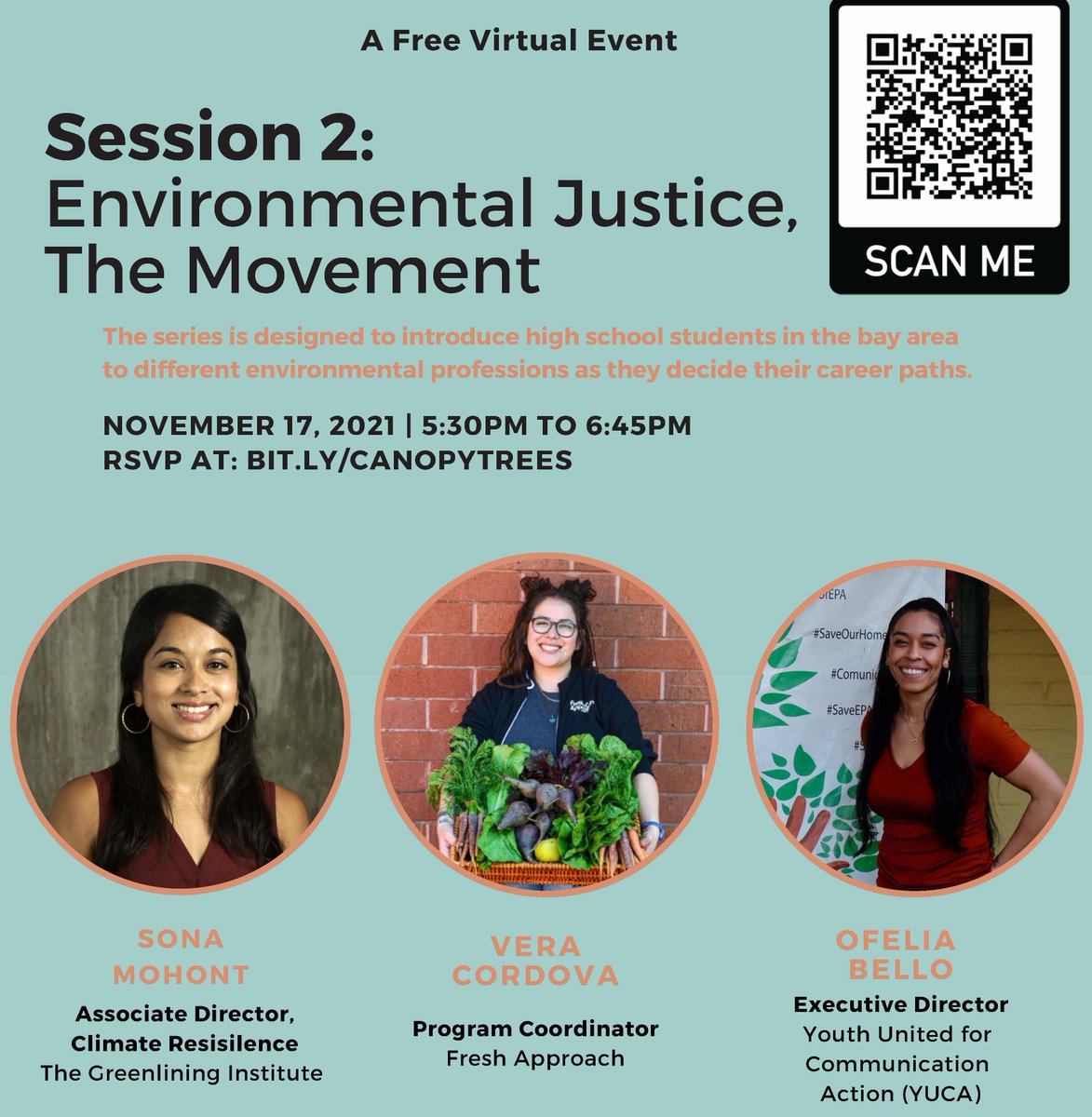 Please share with interested students: Session 2 of our Green Careers series features 3 speakers talking about their jobs in environmental justice jobs. Join us Weds. Nov. 17 at 5:30 for free online session (scan code to register).
#greencareers #EnvironmentalJustice