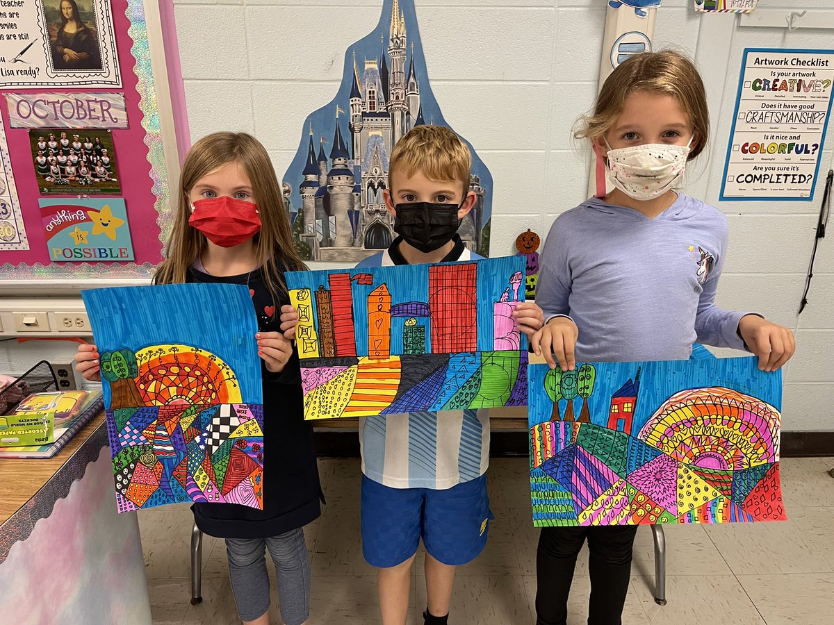MrsHansen_Art's tweet photo. Students in 3rd grade did an amazing job creating their Heather Galler inspired patterned landscapes and cityscapes! @HarborfieldsArt https://t.co/rlOlPg6C2E