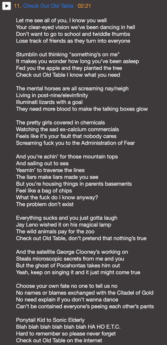 WTable's tweet photo. Lyrics to "Check out Old table" by @NOATSny
Thank you for this
a collage of 45 different song lyrics of mine in one song https://t.co/kvT2zaMEBl