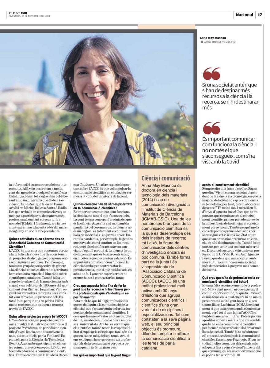 La necessària tasca de divulgació científica, entrevista a Anna May <a href="/icmabCSIC/">icmabCSIC</a> A. Drou <a href="/elpuntavui/">El Punt Avui 🎗️</a> <a href="/xevi_xirgo/">Xevi Xirgo</a> <a href="/recercat/">compte no operatiu</a> @IEC_ObsRecerca <a href="/ACUPcatalunya/">Associació Catalana d'Universitats Públiques</a> <a href="/enriccanela/">Enric I. Canela</a> <a href="/eponsf/">Ernest Pons</a> <a href="/xavierlasauca/">Xavier Lasauca Cisa</a> <a href="/CSICCat/">CSIC en Catalunya</a> <a href="/ACCC_/">Associació Catalana de Comunicació Científica</a> <a href="/mandarinanewton/">la Mandarina de Newton</a> <a href="/ClaudiMans/">Claudi Mans</a> @martorellBSC