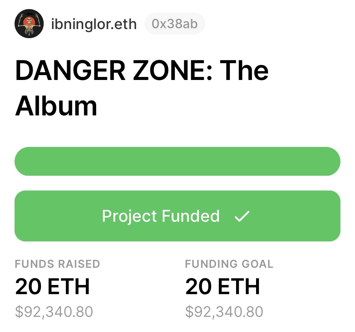 🚨 DANGER ZONE: The Album 🚨

WE’RE FULLY FUNDED!

I’ve raised 90k+ in support of my new album, in just 6 weeks! No label, pr, no nothing! The story to be told here is one for the books! Believe in yourself &amp; believe in your art! You owe yourself that much! $DANGER updates soon!
