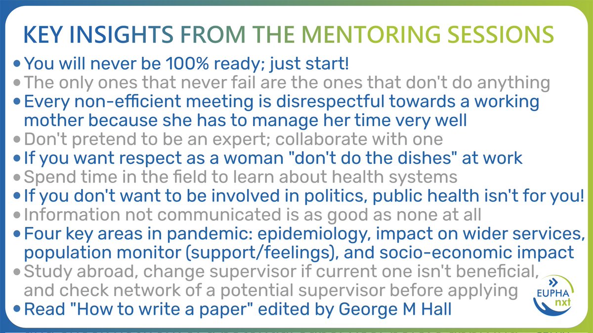 EUPHAnxt's tweet photo. 📢 We want you to benefit from our #EPHFellow mentoring sessions as well. Therefore, we summarized a few critical points that came up during the discussions!
#EUPHAatEPH2021 #EPH2021 @ppitaferreira @GIruretagoyena @SusannaGentili @raquelvareda @sarah_cuschieri https://t.co/uhpRNN2Agi