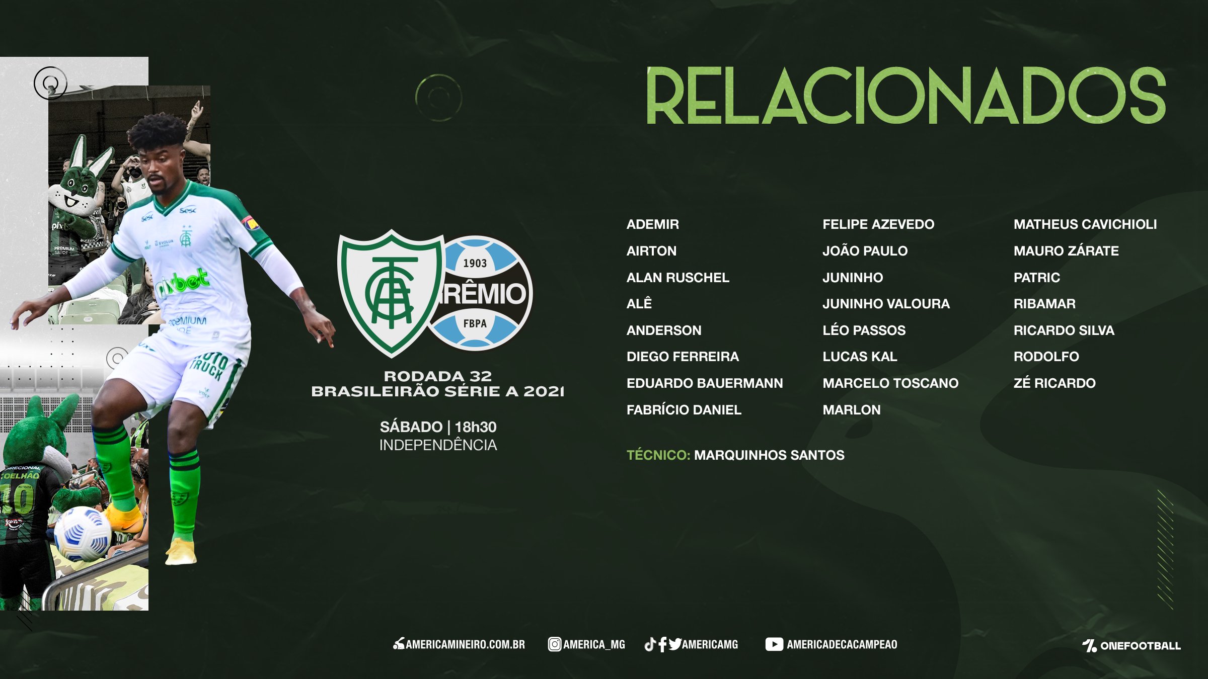 Confira a lista dos jogadores do Coelho relacionados para este duelo diante do Grêmio. Fonte: América FC/Twitter