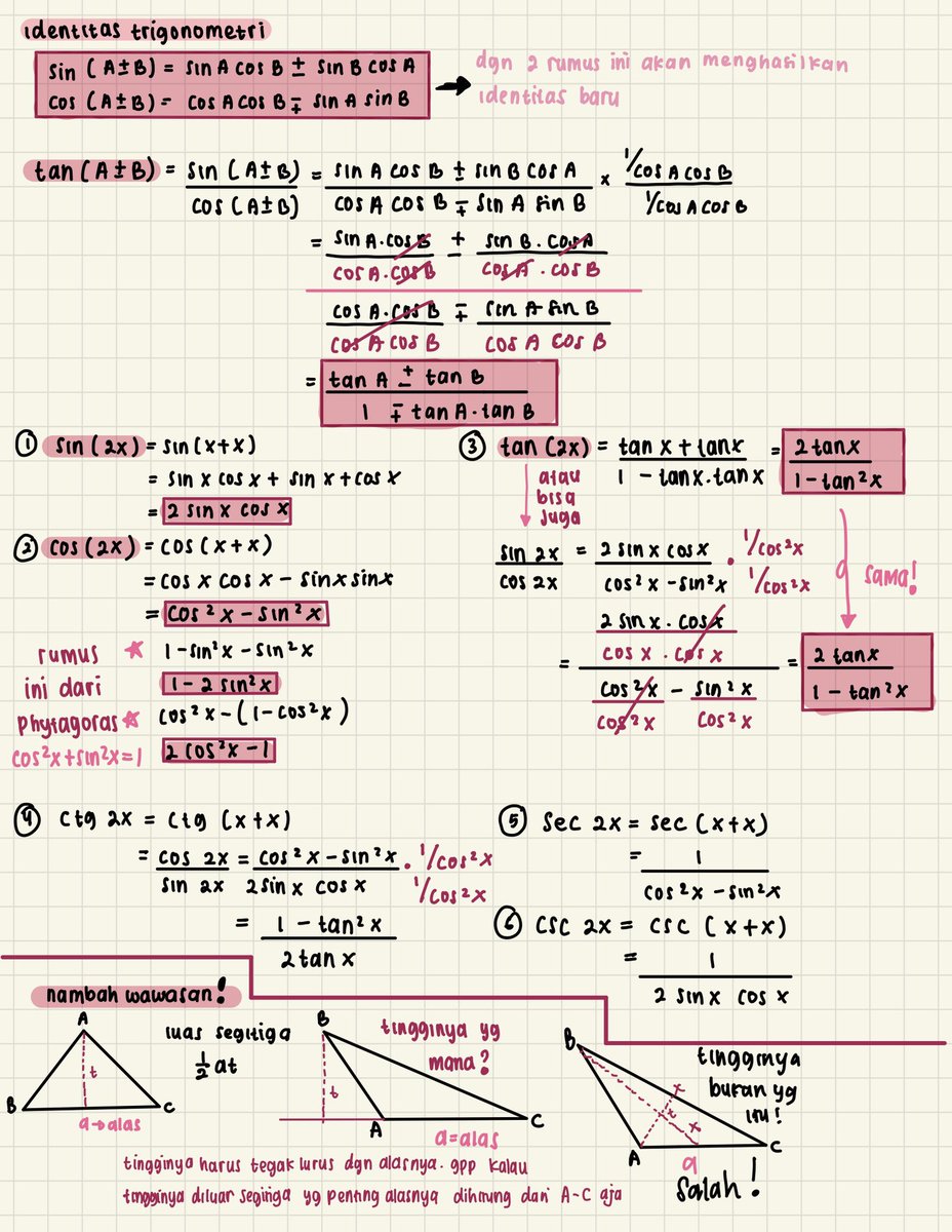 shourtcakee's tweet image. ~~~~~~~~ matematika ~~~~~~~~
trigonometri 

kalo ada yang salah tulis atau ada yg menurut kalian gabener, boleh bgt buat kasih tau aku yaa, feel free to correct me and discuss about this. i hope this useful for u guys. selamat belajar dan semangat🧸🧚🏻‍♀️
sumber materi : zenius