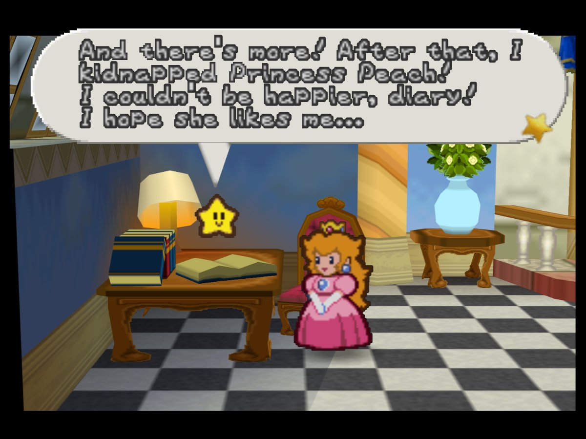 PaperMarioLog's tweet image. Today was great, diary! I used my castle to lift Princess Peach's Castle way up into the sky!
Then I barged into Peach's Castle and beat up Mario! Yeah! Unbelievable, I know! So fun!
After that, I kidnapped Princess Peach! I couldn't be happier, diary! I hope she likes me...